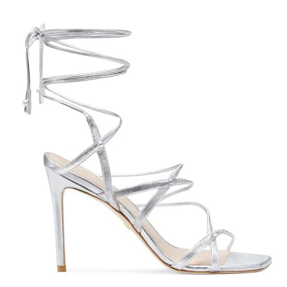 Stuart Weitzman Astrid Silver Leather Ankle Wrap Sandal Pumps Size 8.5 - Picture 1 of 8